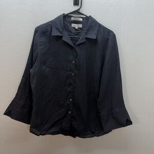 Faconnable 100% Linen Button Up Shirt 3/4 Sleeve Top Black Womens M VTG 90s